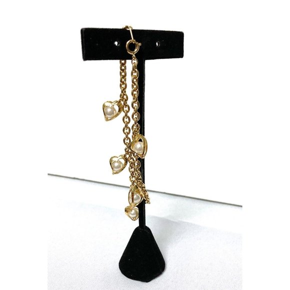 Vtg Faux Pearl Enclosed Hearts Gold Tone Bracelet 8 1/8" Long Spring Ring Clasp - Picture 7 of 9